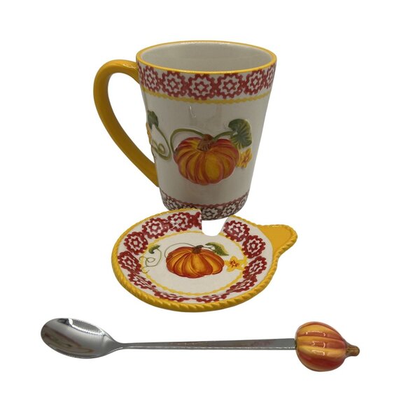 Temptations Hand Crafted & Painted 3D Pumpkin Harvest Mug Spoon & Lid 16 oz 3pcs - Picture 2 of 13
